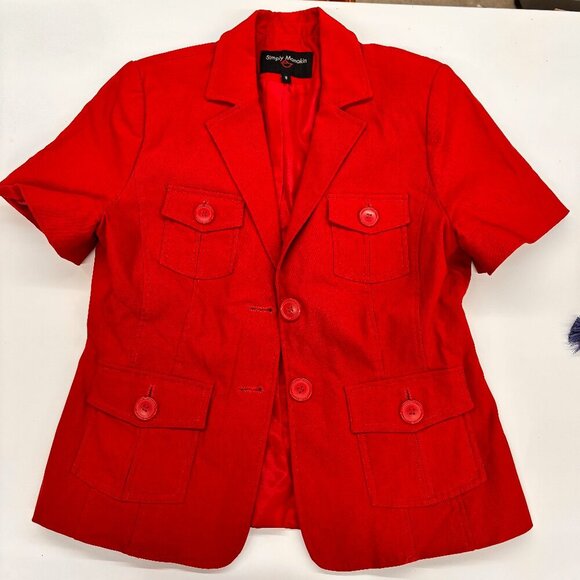 Simply Manakin Red Button Down Pocket Details Lined Short Sleeve Blazer Sz 8 - Picture 6 of 9